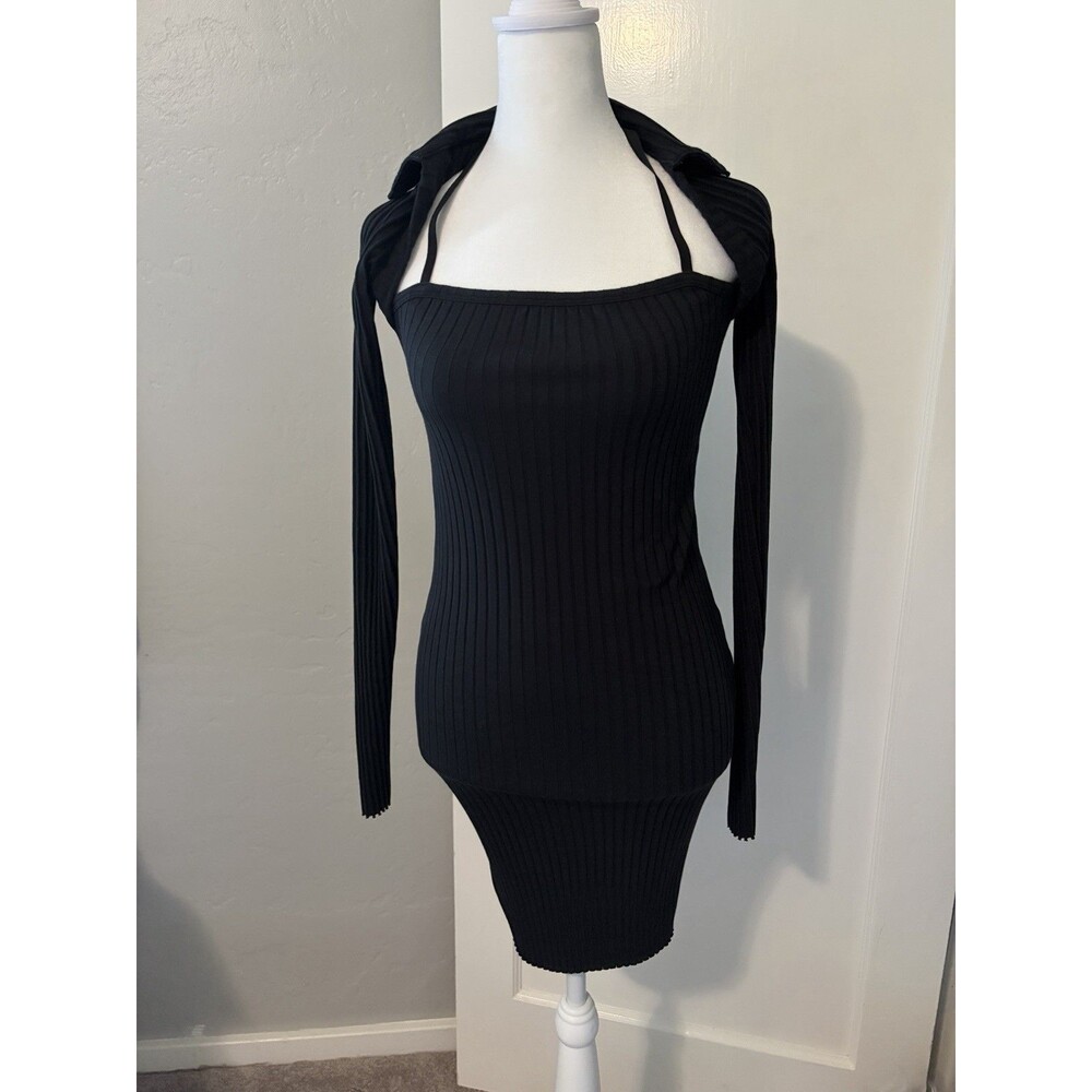 Helmut Lang EUC Black Rib Knit Bodycon Shrug Dress Long Sleeve Size Small S